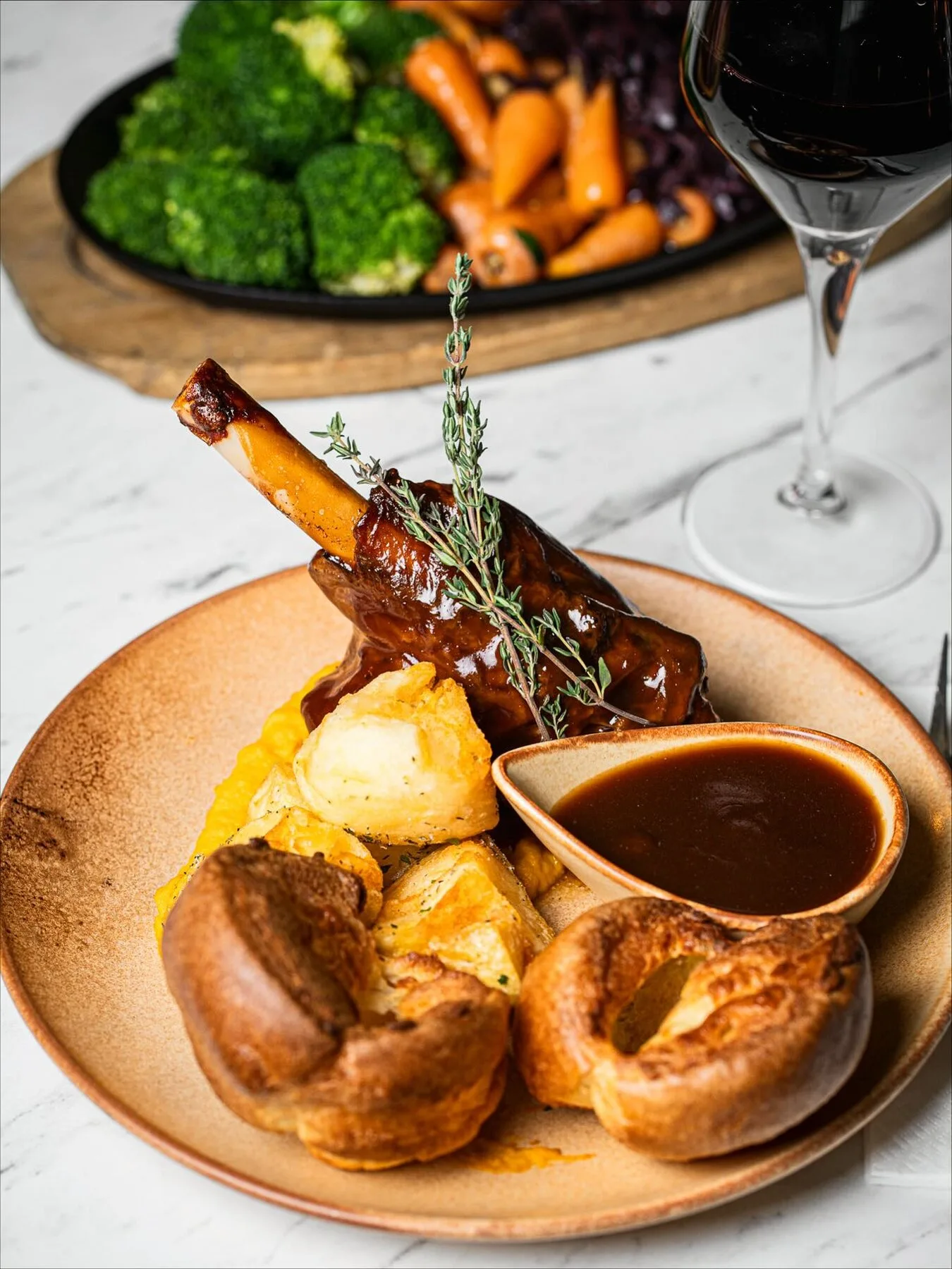 Sunday roast lamb shank with Yorkshire puddings