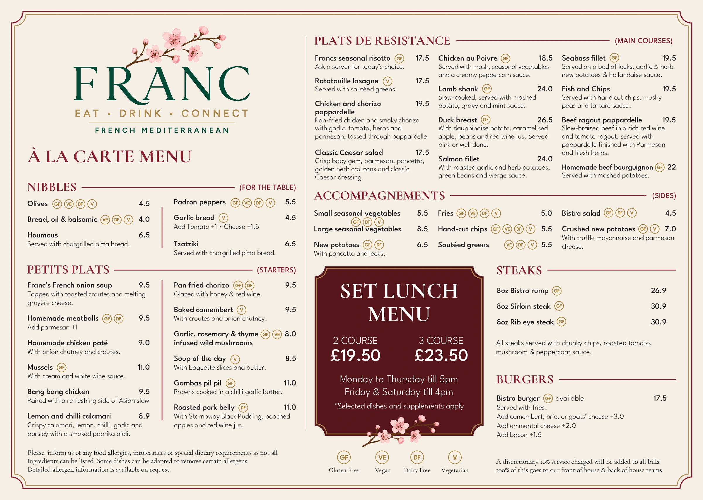 À La Carte menu, page 1 of 2 at Bistro Franc, Liverpool