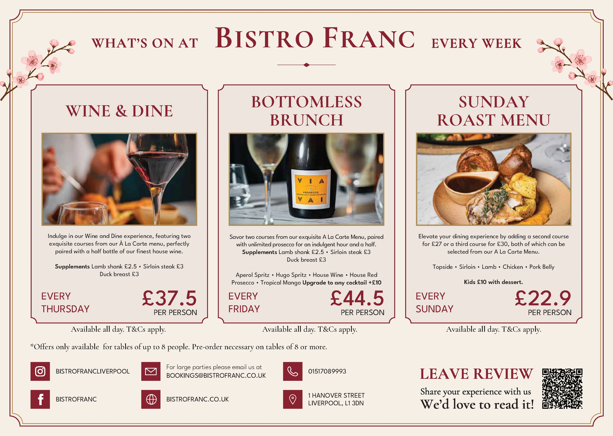 À La Carte menu, page 2 of 2 at Bistro Franc, Liverpool