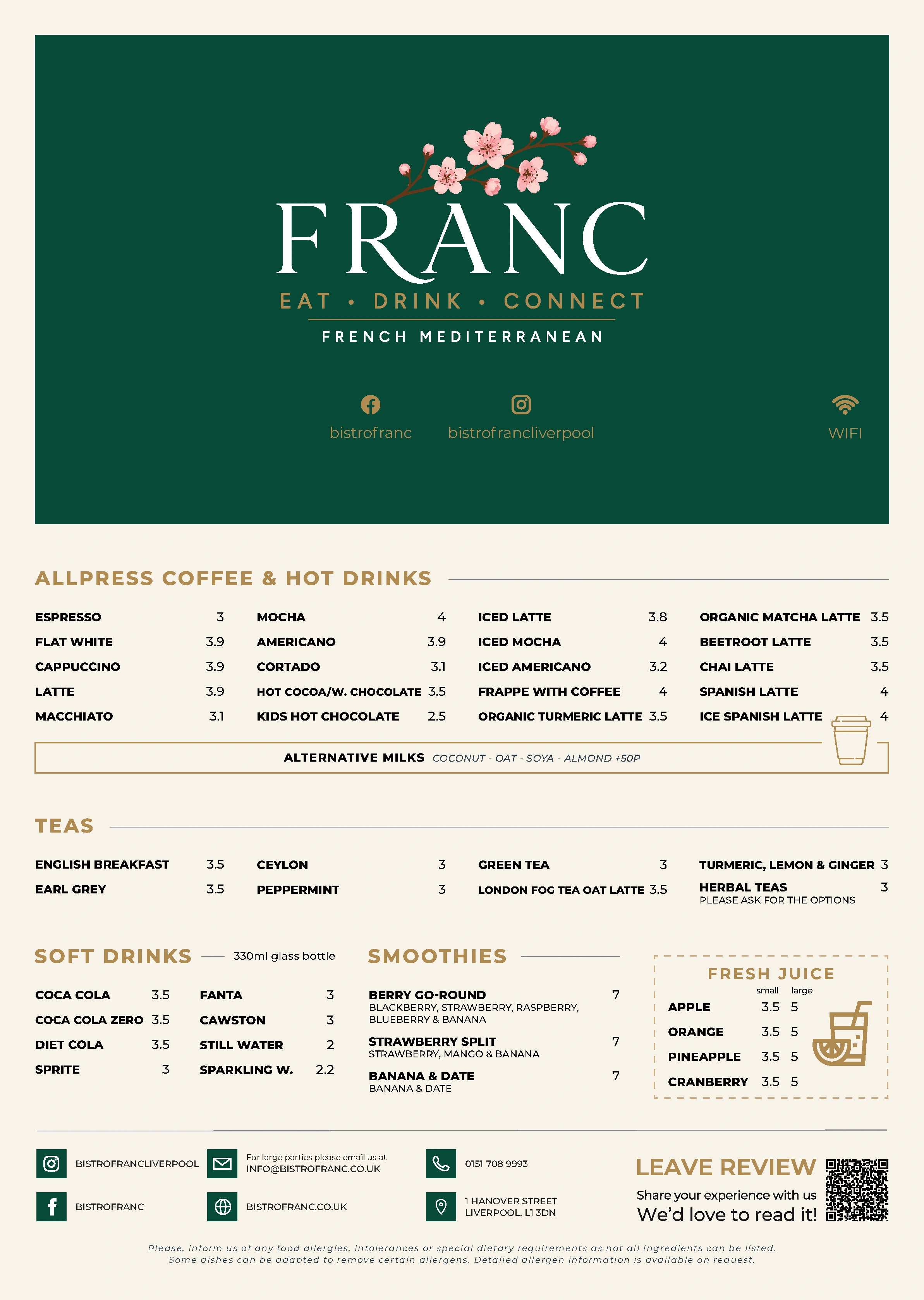 Breakfast menu, page 2 of 2 at Bistro Franc, Liverpool