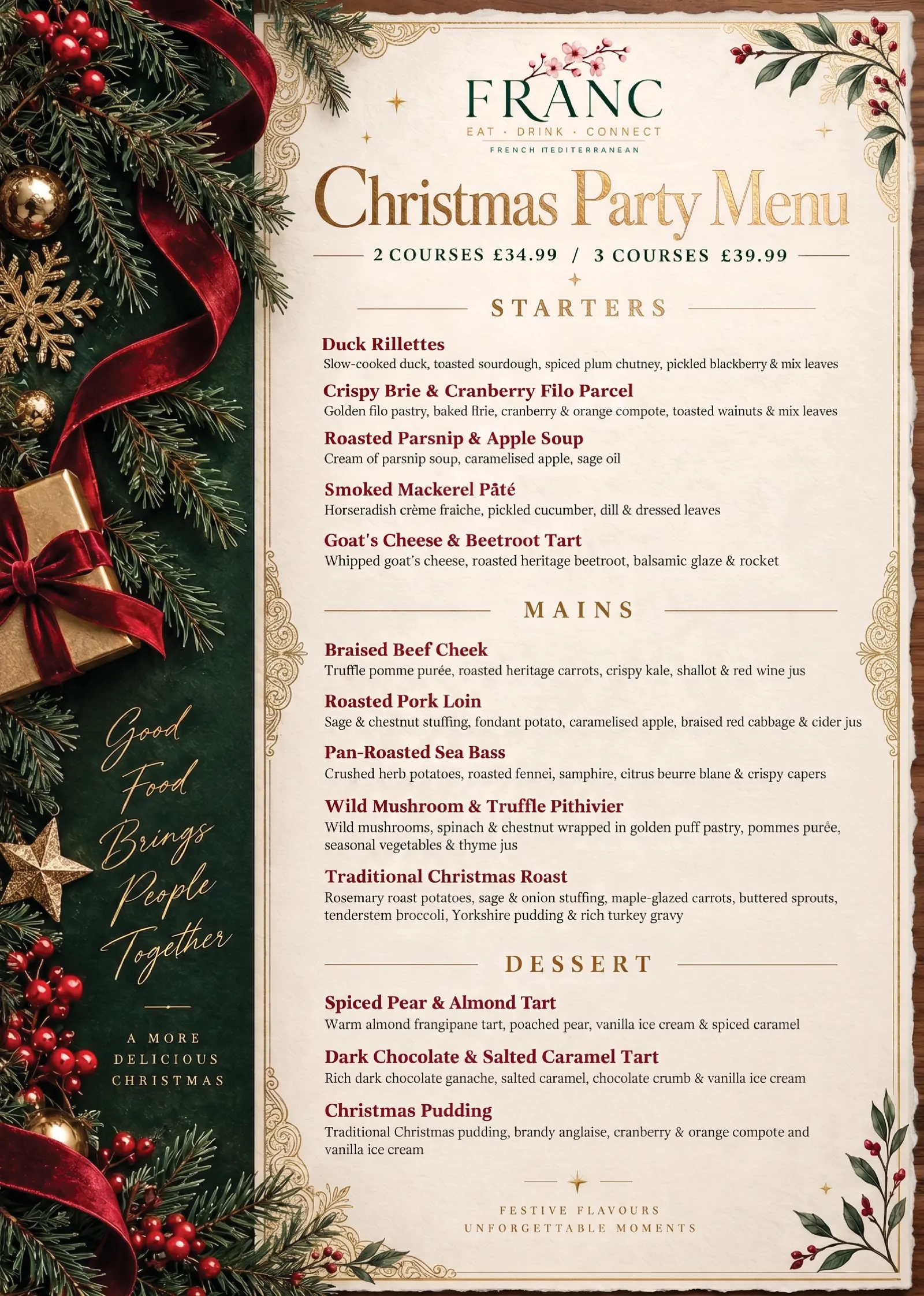 Christmas Party menu at Bistro Franc, Liverpool