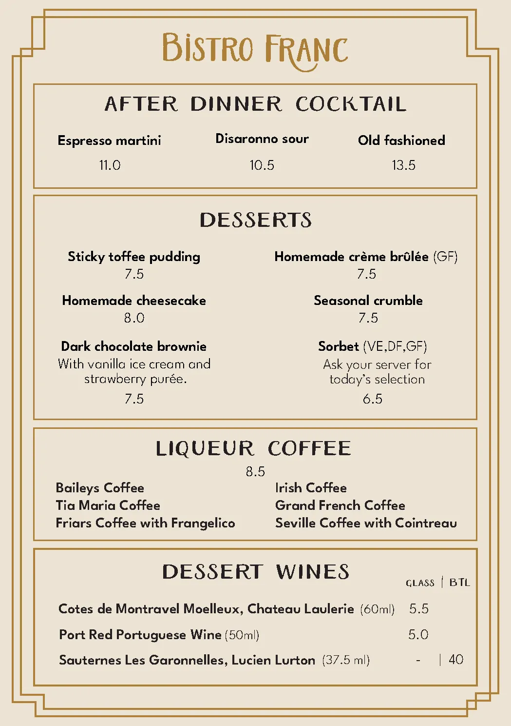 Desserts menu at Bistro Franc, Liverpool