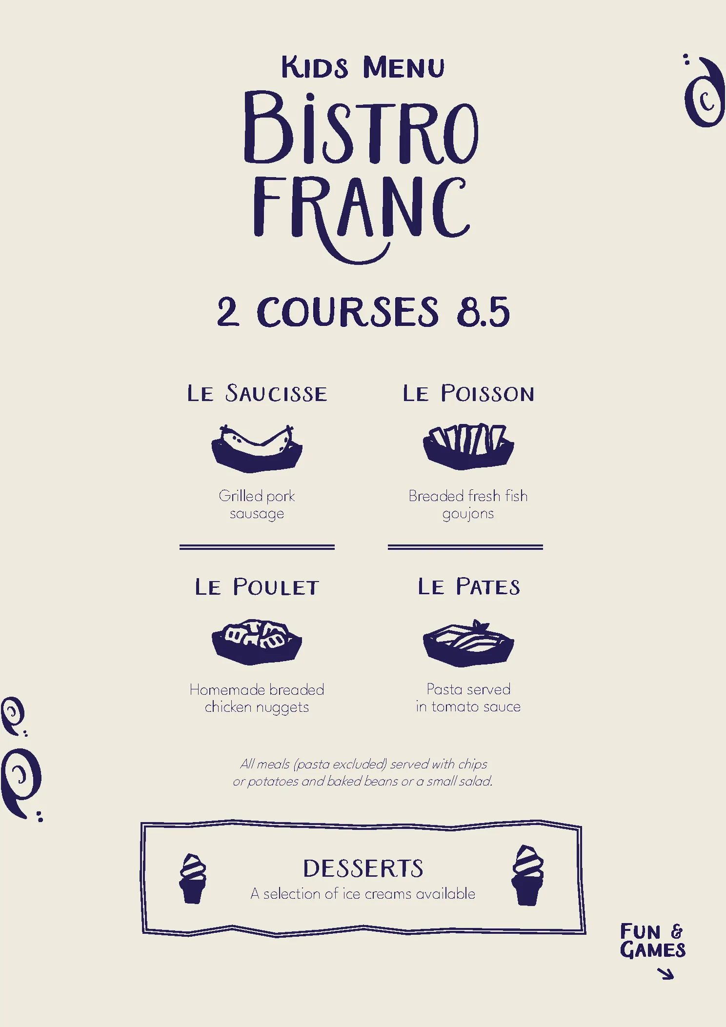 Kids menu at Bistro Franc, Liverpool