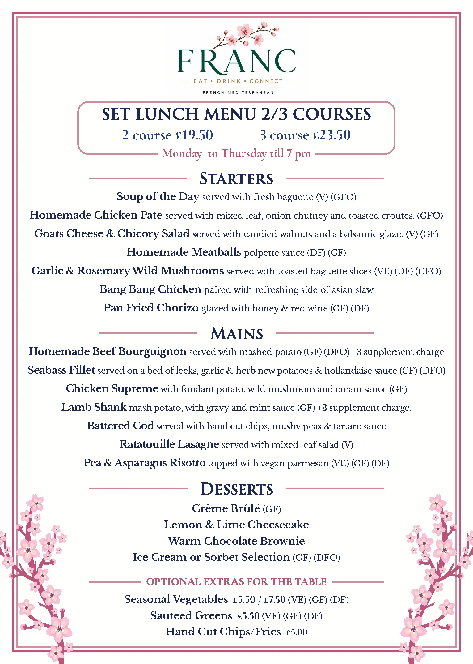 Set Lunch menu at Bistro Franc, Liverpool